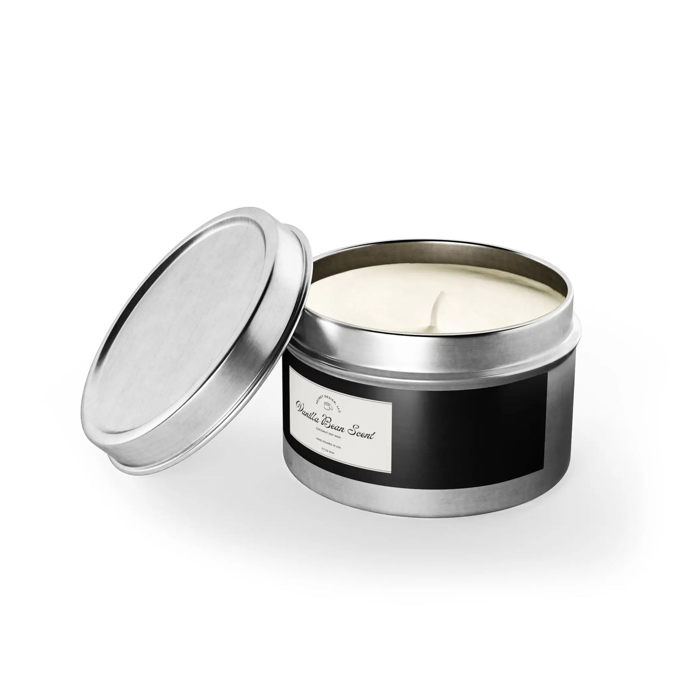 Soy Candle Vanilla Bean Scented Elegant Tin - Secret Design, LLC Printify