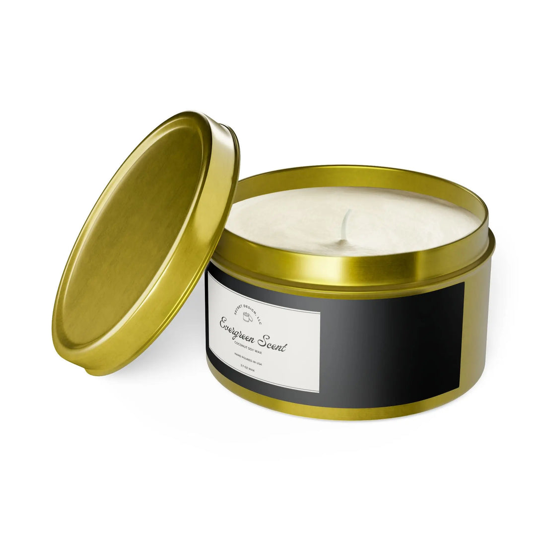 Soy Candle Evergreen Scented Elegant Tin - Secret Design, LLC Printify