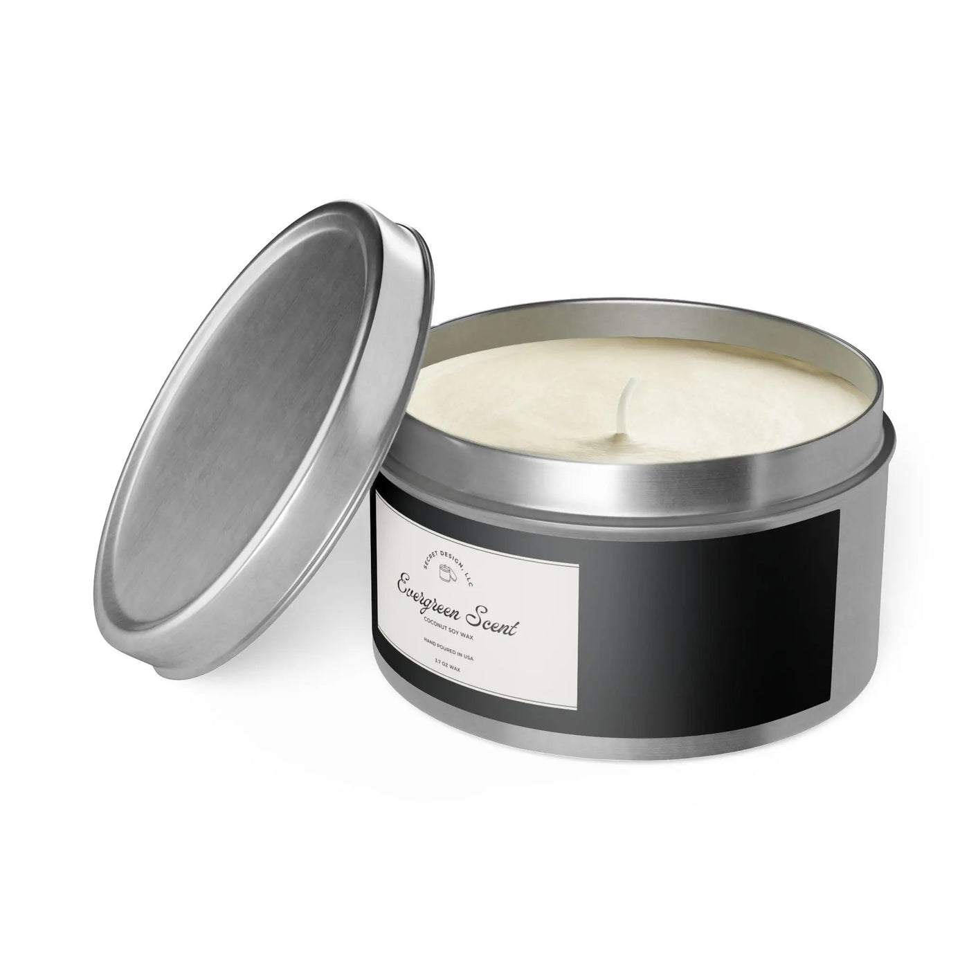 Soy Candle Evergreen Scented Elegant Tin - Secret Design, LLC Printify