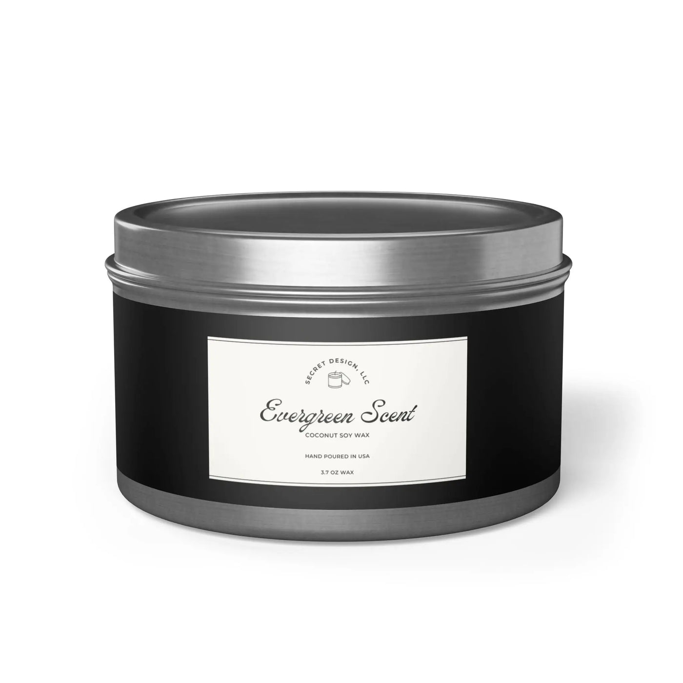 Soy Candle Evergreen Scented Elegant Tin - Secret Design, LLC Printify