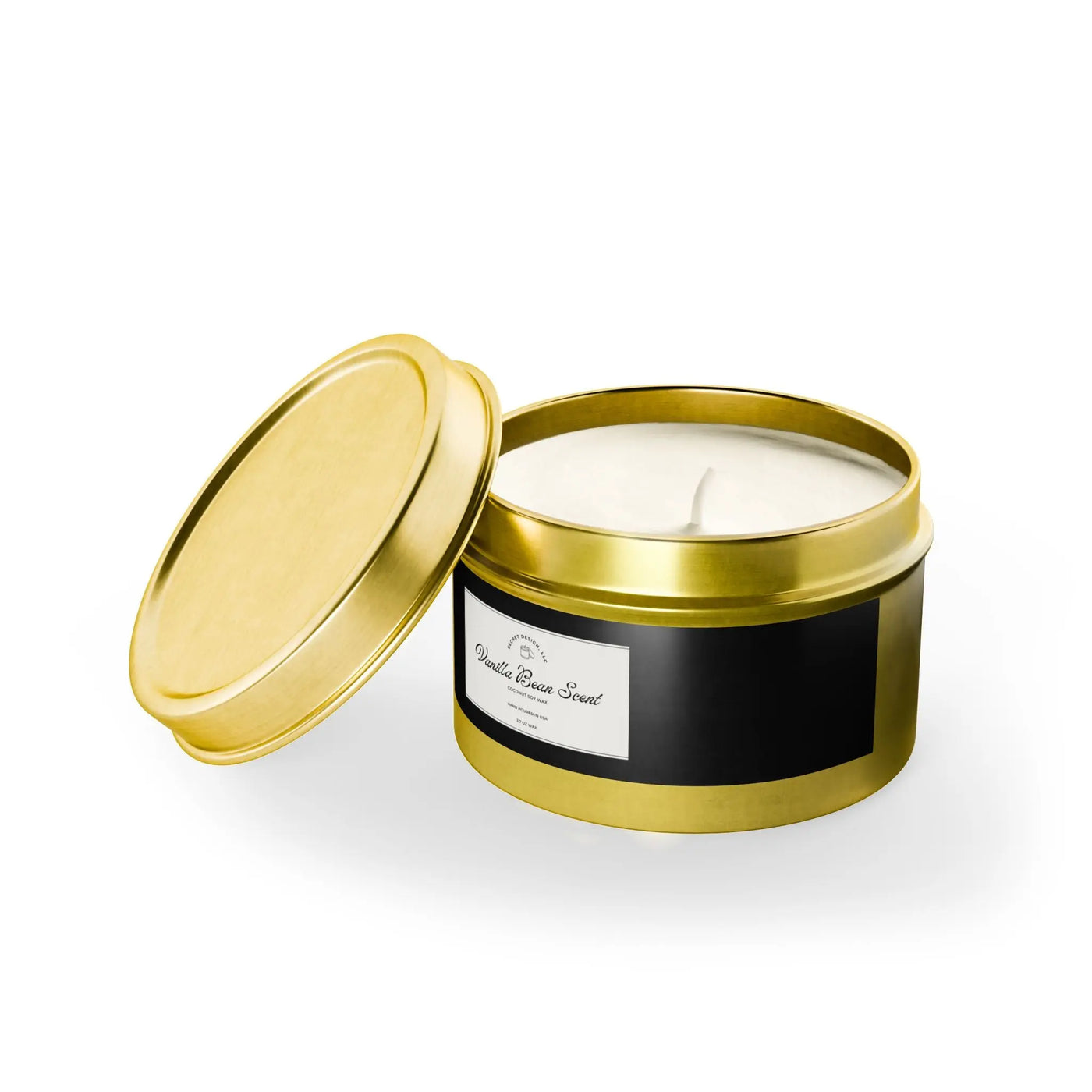 Soy Candle Vanilla Bean Scented Elegant Tin - Secret Design, LLC Printify
