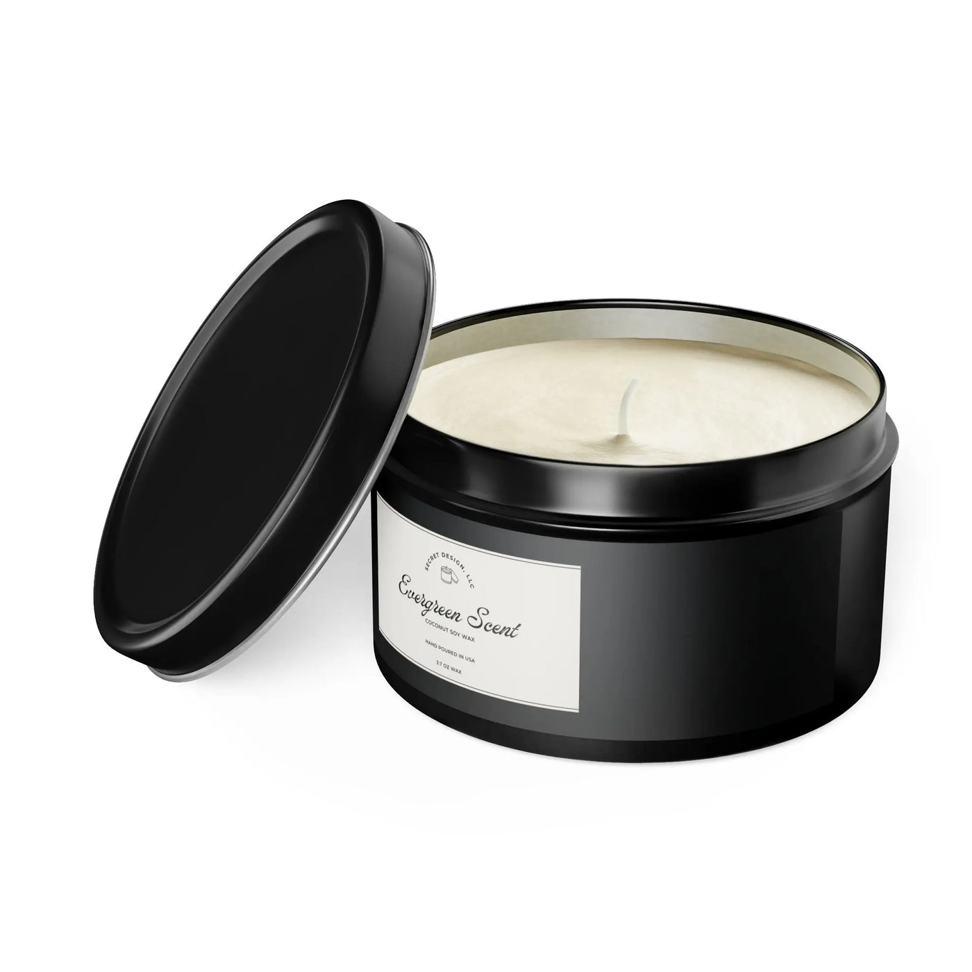 Soy Candle Evergreen Scented Elegant Tin - Secret Design, LLC Printify