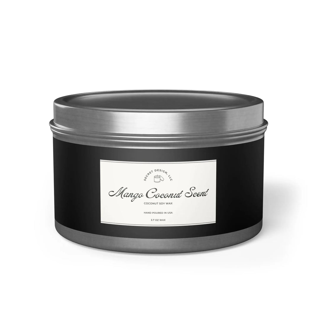 Soy Candle Mango Coconut Scented Elegant Tin - Secret Design, LLC Printify