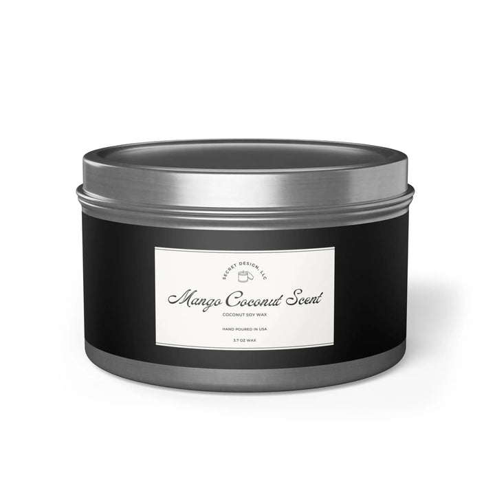 Soy Candle Mango Coconut Scented Elegant Tin - Secret Design, LLC Printify